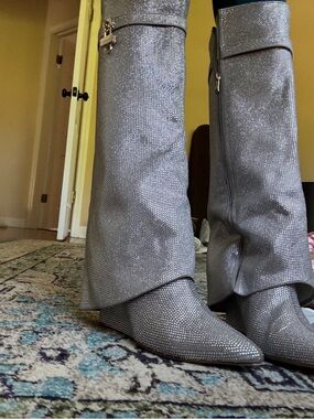 Silver Rhinestone Knee-High Wedge Boots - Women